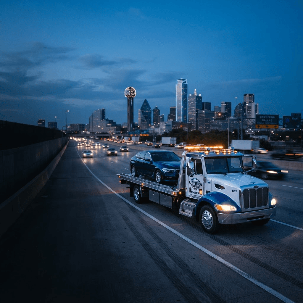Professional flatbed tow truck on a Dallas highway at dusk